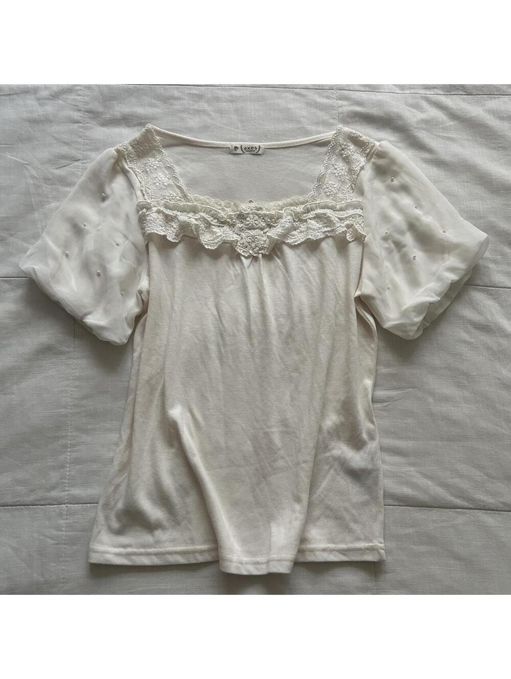Axes Femme Ivory Lace Pearl Chiffon Puff Sleeve Top Medium Japan